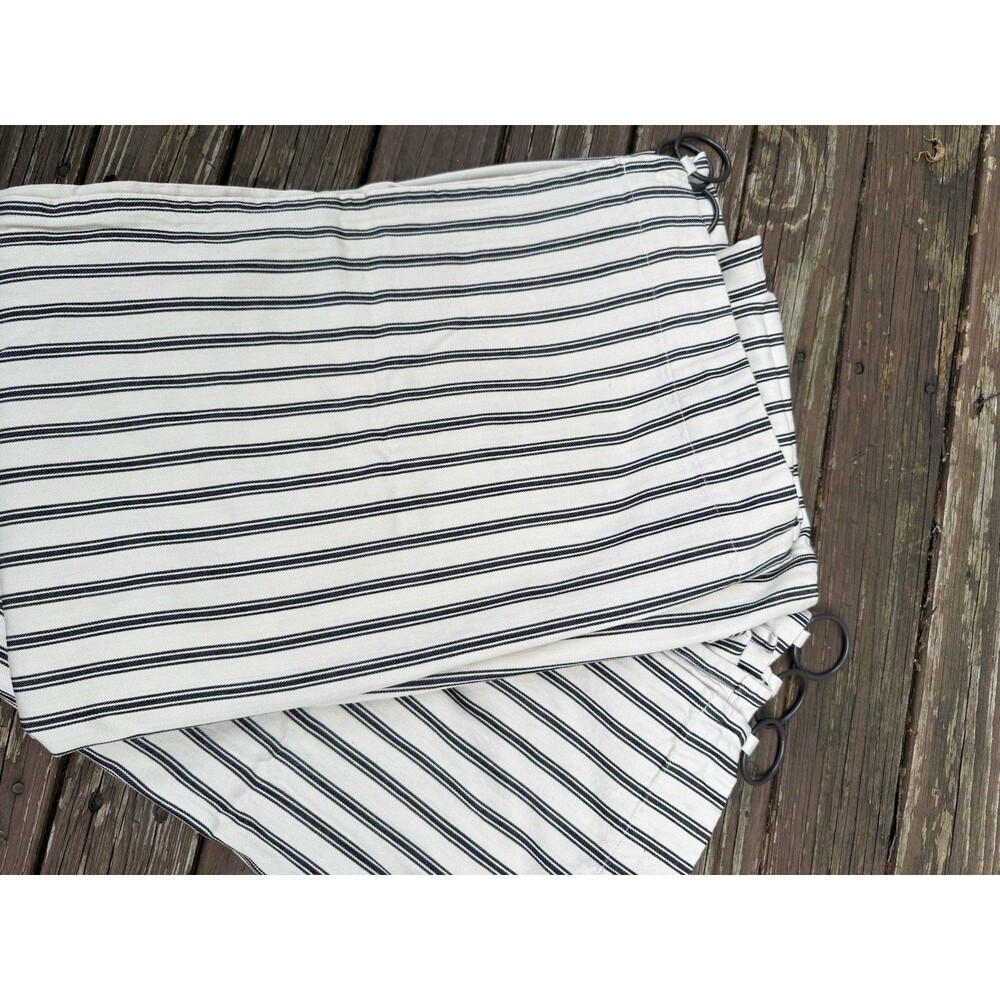 Pottery Barn Set of 2 Stripe Drapes Linen Blend Curtains 48“ X 79“  & Rings Blue